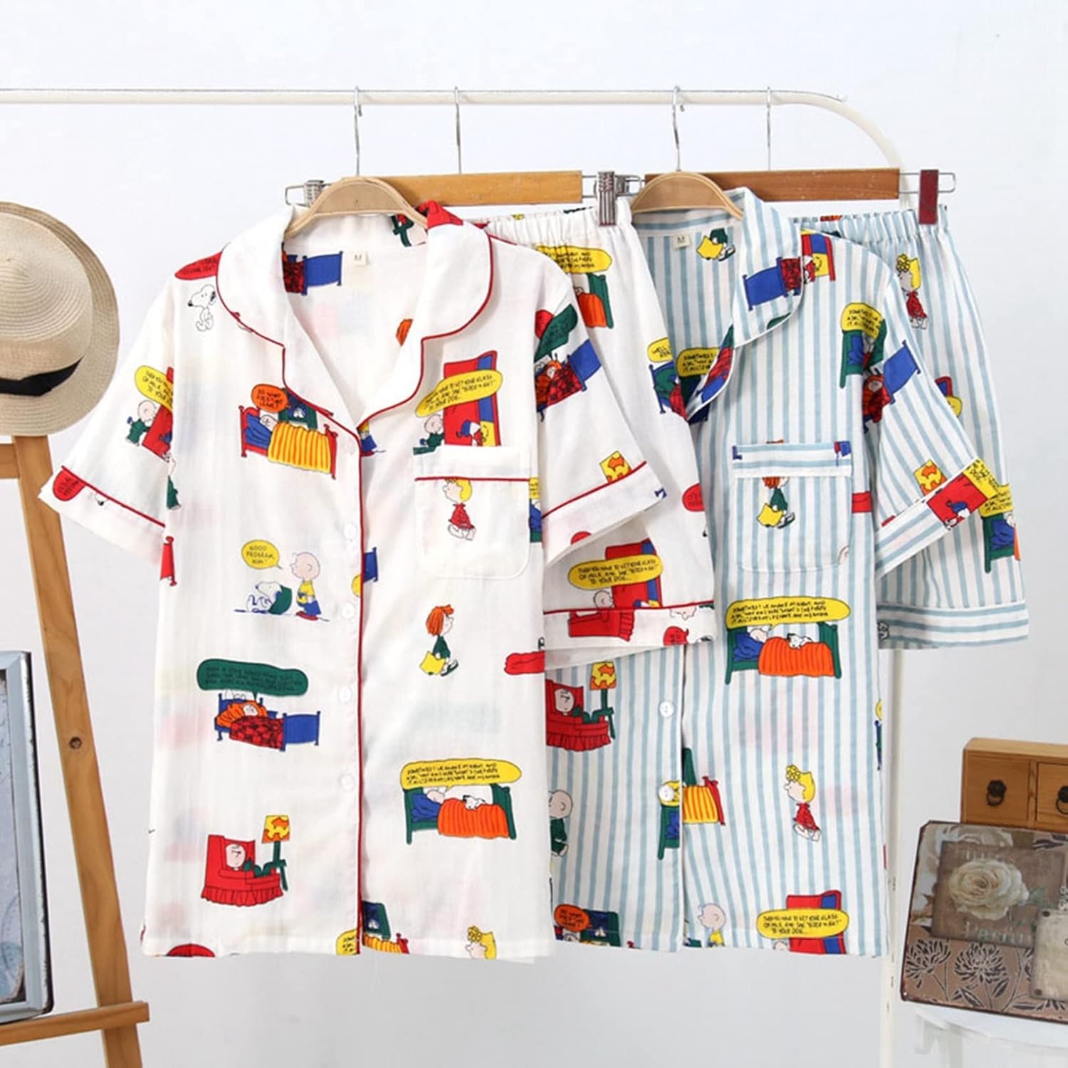 [Baoyejia] スヌーピー パジャマ レディース 半袖 上下セット 前開き 春夏 寝巻き ルームウェア 部屋着 ショートパンツ