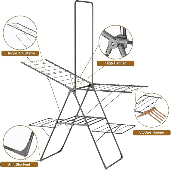 Bigzzia Large Capacity Foldable Clothes Drying Rack, 2-Tier Laundry Drying Rack with Tall Hanging Bar and Side Clips, Space Saving Collapsible Clothes Drying Rack for Home Indoor Outdoor