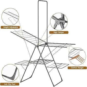 Bigzzia Large Capacity Foldable Clothes Drying Rack, 2-Tier Laundry Drying Rack with Tall Hanging Bar and Side Clips, Space Saving Collapsible Clothes Drying Rack for Home Indoor Outdoor