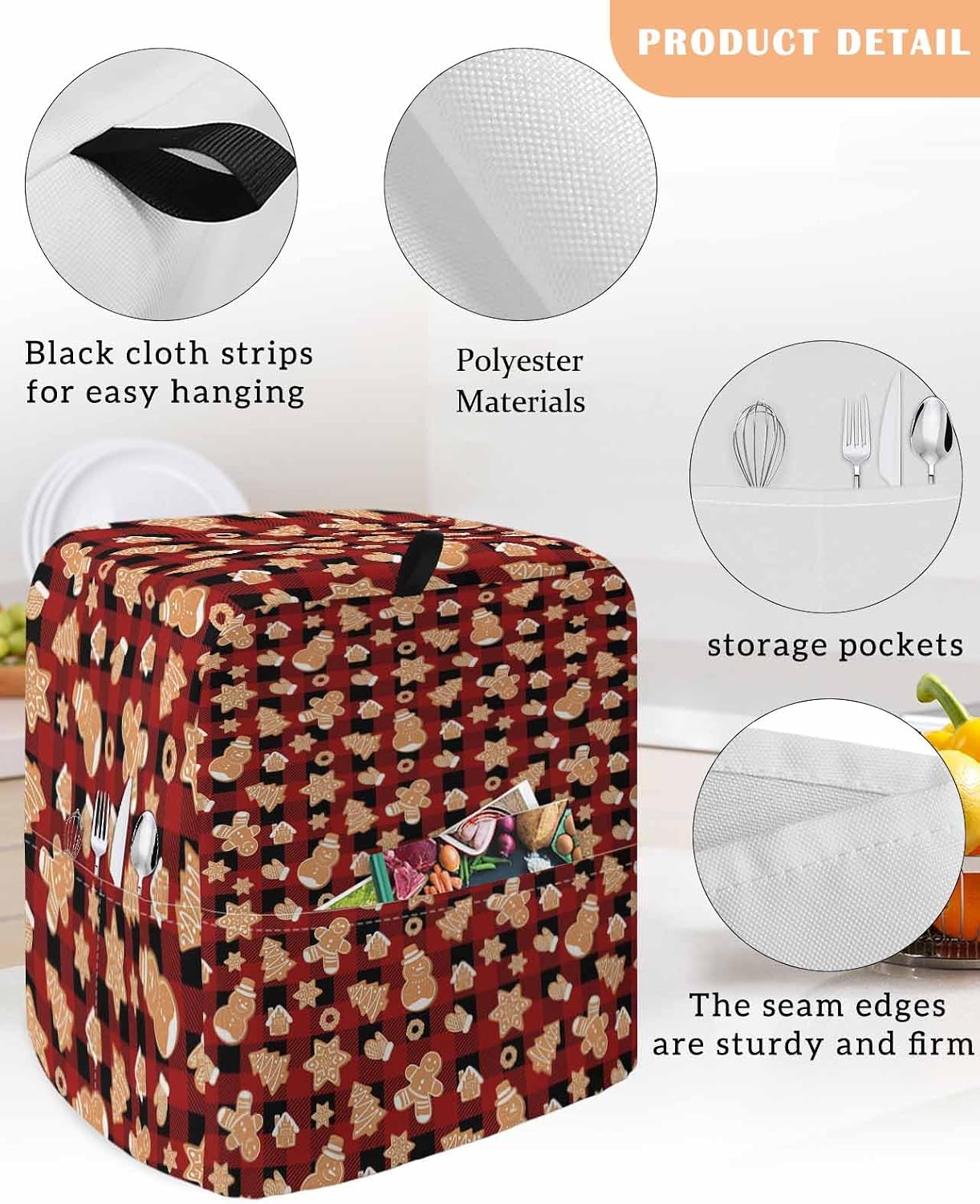 Stand Mixer Cover with Storage Pocket, Gingerbread Man Waterproof Kitchen Mixer Covers, Christmas Red Black Buffalo Plaid Xmas Kitchen Appliance Dust Cover Compatible with 5-8 Quart Mixers