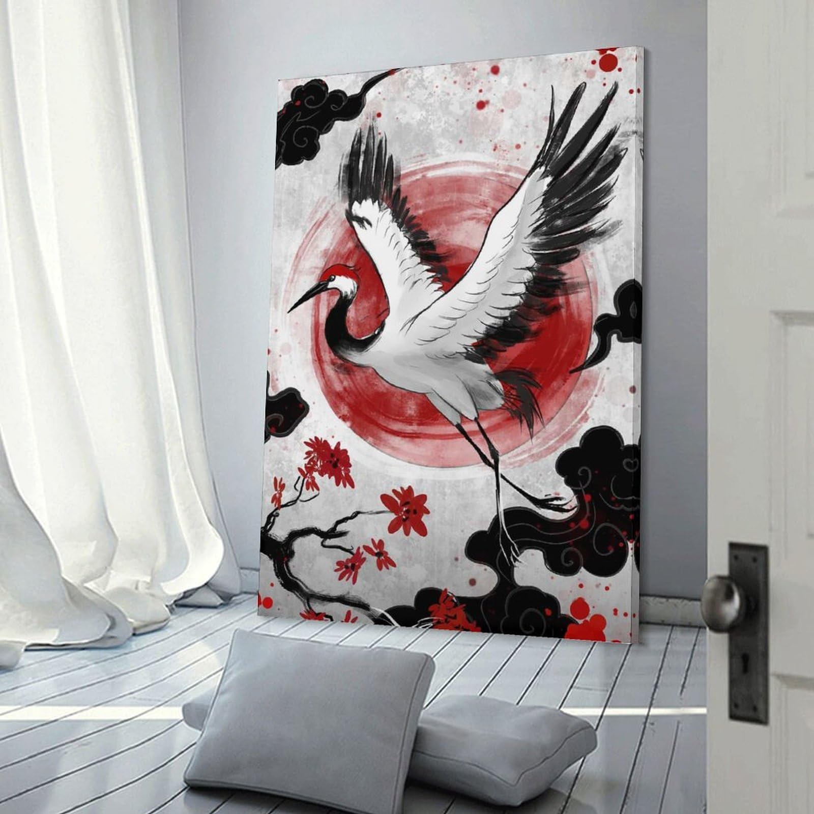 Junmoney Japanese Crane with Red Sun Digital Art Hanging Wall Art, 16x24inch(40x60cm), for Living Room, Bedroom, Office Or Hallway, Decorative Artwork with Broad Appeal