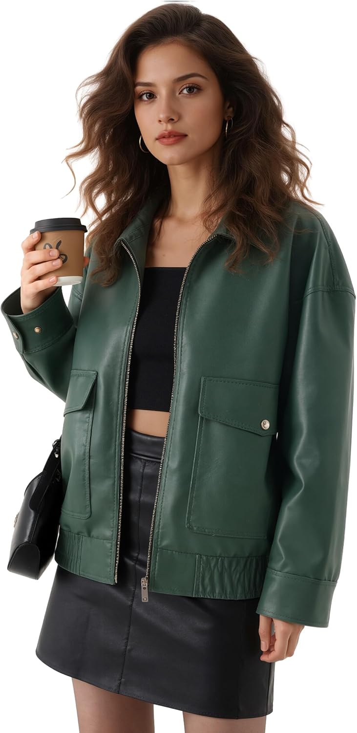 Oversize Leather Jacket Women Faux Motorcycle Coats Bomber with Double Pockets,2025 Fall,Winter Fashion Outwear - Image 2