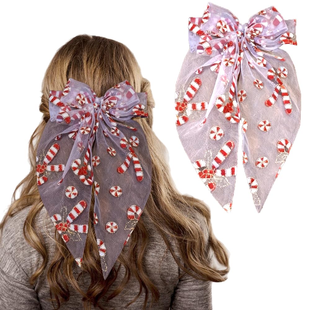 1PCS Christmas Hair Bows for Women Crutch Bow Hair Clips White Transparent Mesh Ribbon Bowknot with Barrettes Clips Christmas Crutch Long Tails Hair Accessories Cosplay Party Decoration Supplies