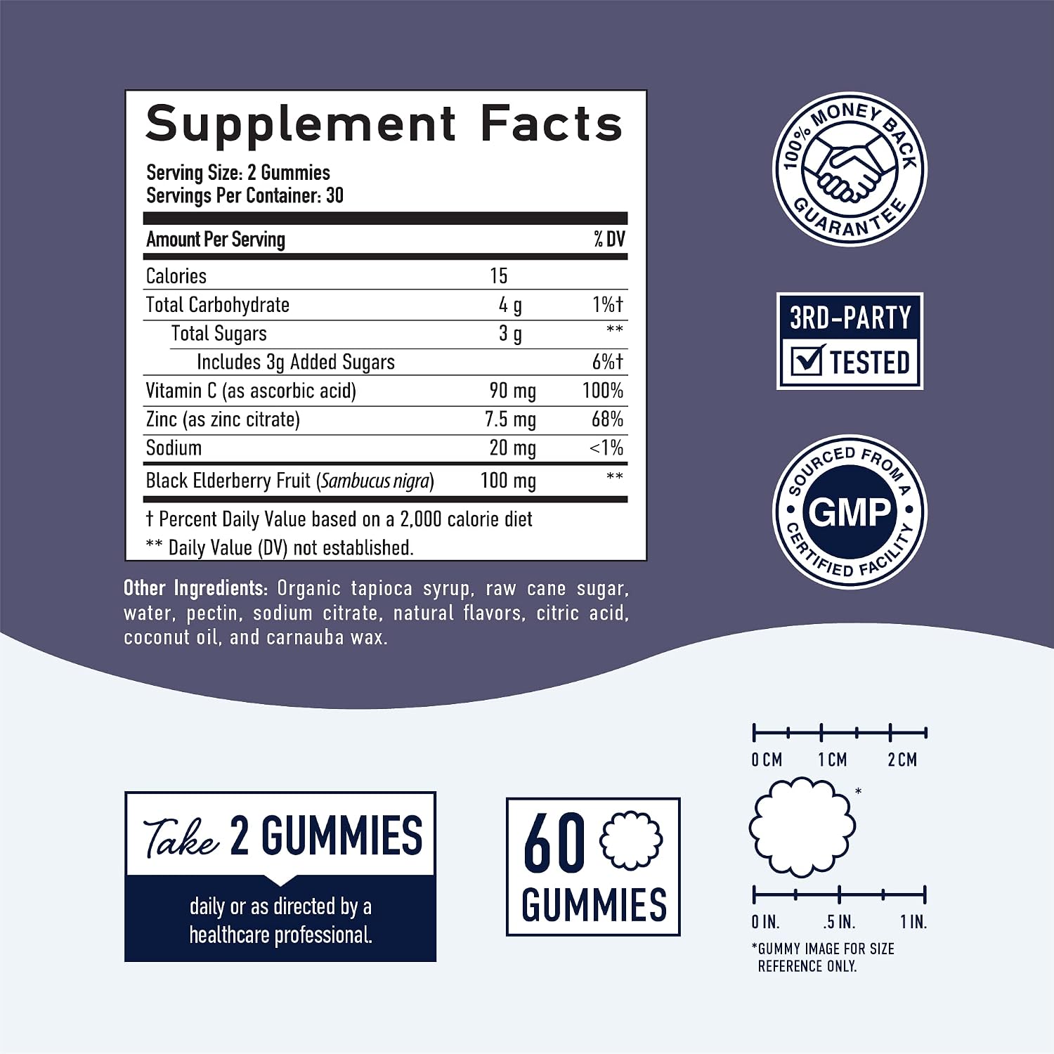 Elderberry Gummies | 3-In-1 Immunity Support | 60 Count | With Vitamin C & Zinc | Black Sambucus Elderberry Gummies for Immune System | Raspberry Flavored | Pectin-Based, Vegetarian, Gluten-Free