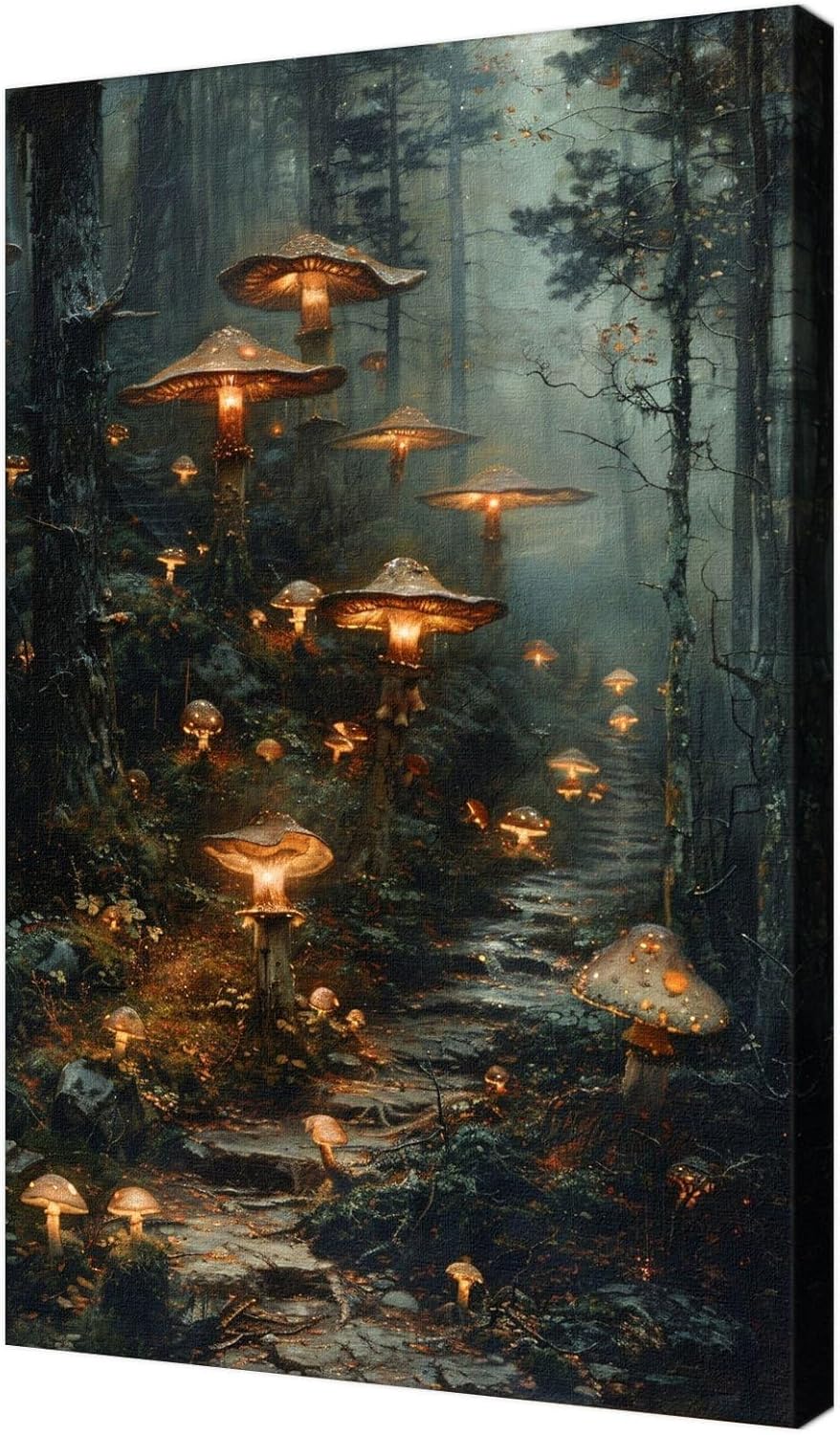 DYHOLILAND Retro Dark-Wall Art-Art Canvas Print Picture For Home Living Bedroom Office Decor-Enchanted Mushroom Woodland Poster For Dark Aesthetics Lover Decor-Dark Fantasy
