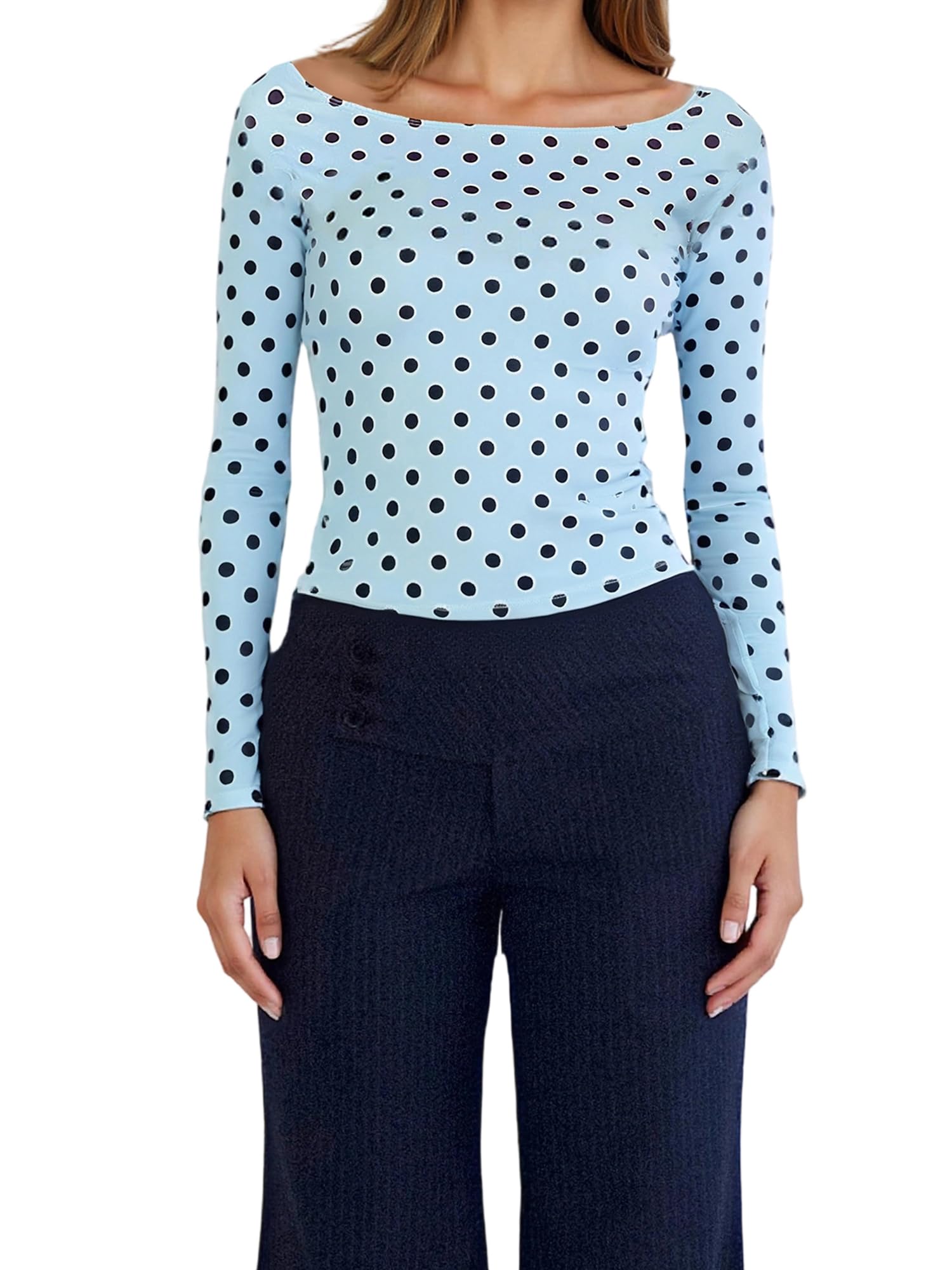 Women's Trendy Polka Dot Top Stretchy Slim Fit Basic Long Sleeve T Shirt Casual Going Out Crop Tops Streetwear (B-Sky Blue, M)