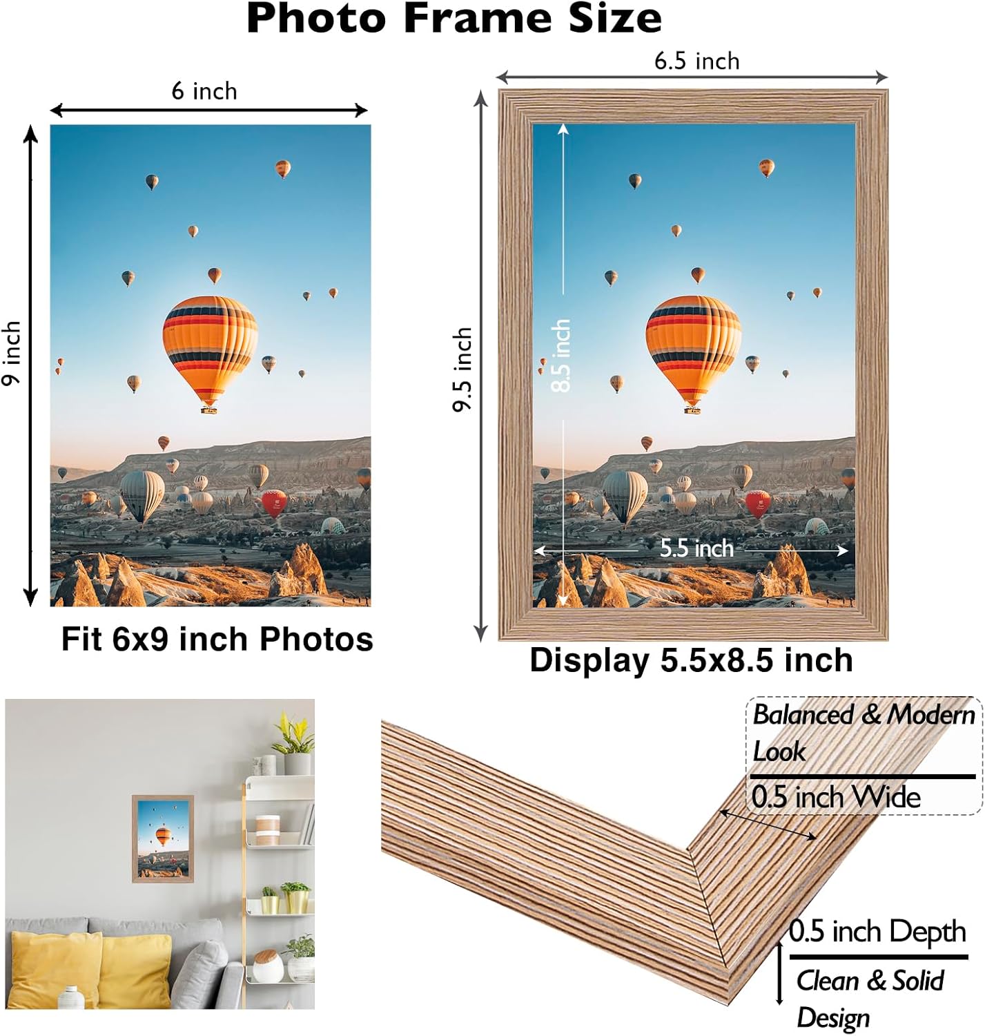 JCJMY 6x9 Picture Frame Brown for Wall Hanging or Tabletop- Wall Mounting Horizontally or Vertically, 6 x 9 Wall Gallery Poster Photo Frame for 6 by 9 Photos, Rustic Brown image 3