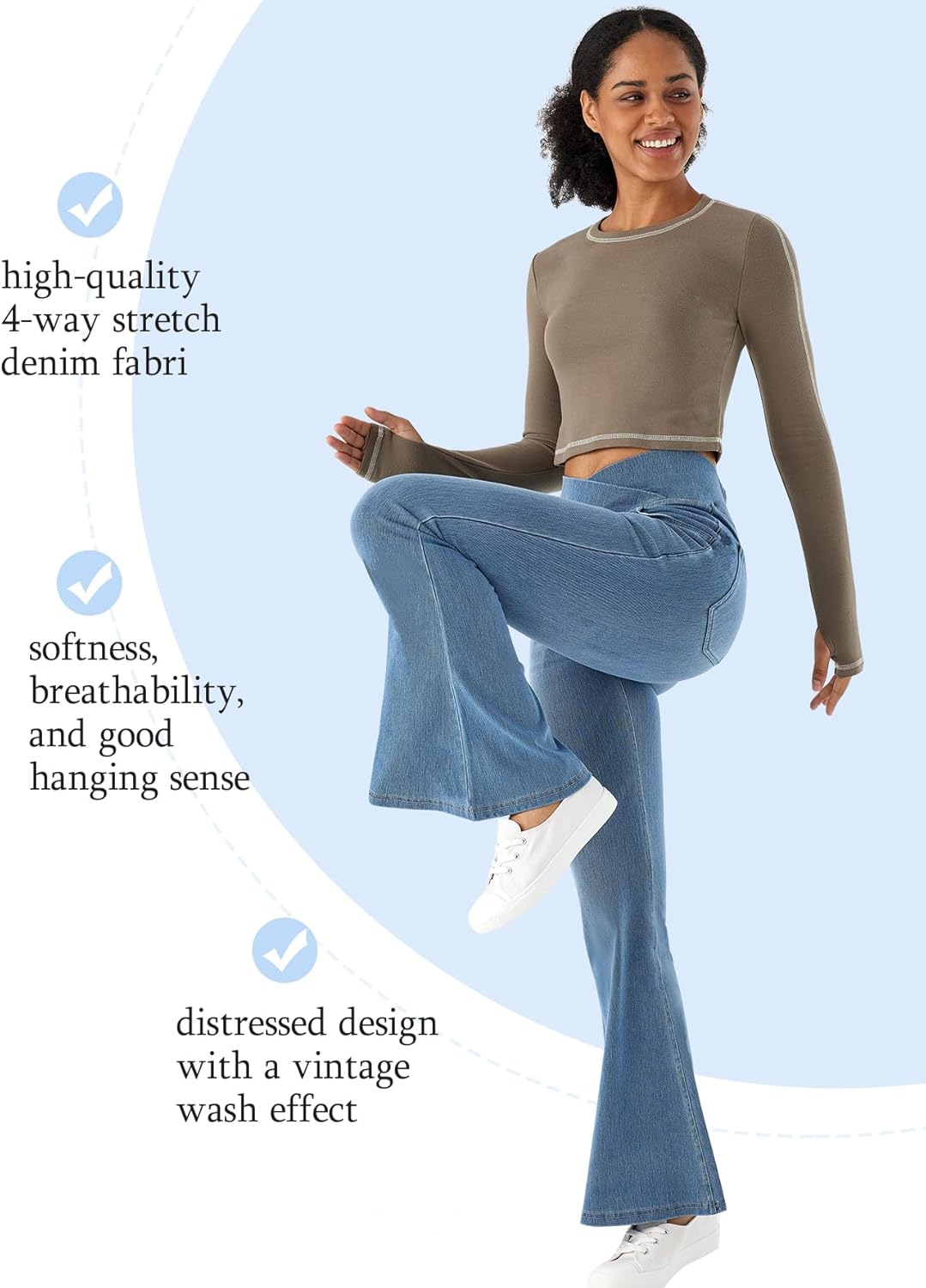 Bell Bottom Jeans for Women High Waisted Stretchy Flare Jeans Pull On Crossover Wide Leg Flared Pants with Pockets - Image 3