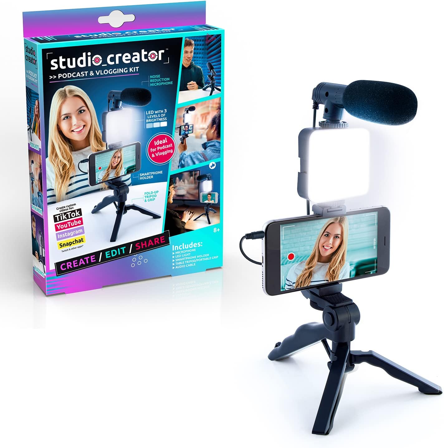 Studio Creator Podcast and Vlogging Kit, Phone Holder, LED Light, Microphone + Tripod, Create Content On The Go, Age 6+