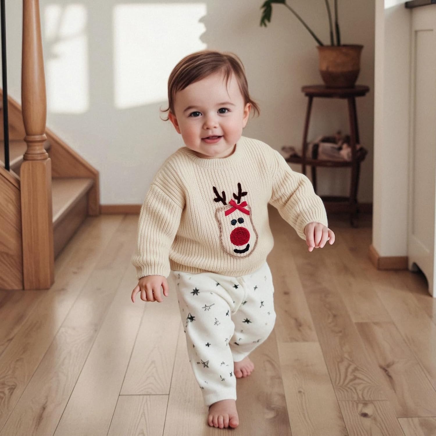 Baby Girl Boy Christmas Outfit Santa Deer Embroidery Sweater Toddler Crewneck Long Sleeve Xmas Knit Sweatshirt