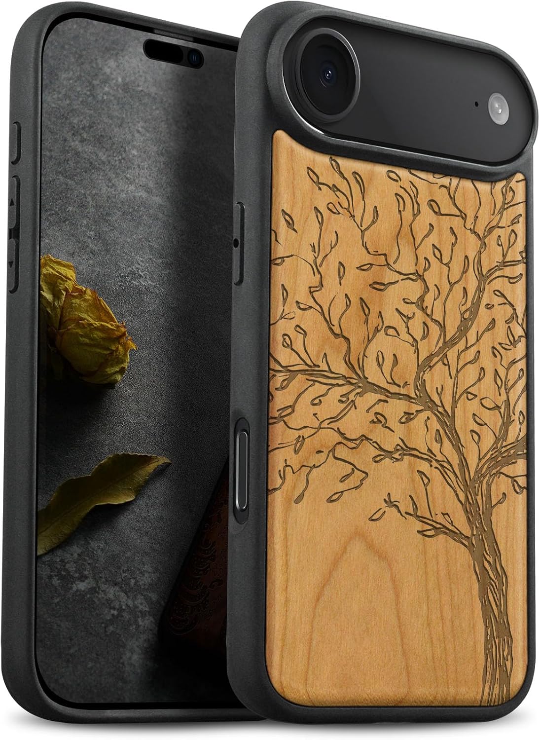 Carveit Magnetic Wooden Case for iPhone Air Case, Wood Artisan Engraved & Soft TPU Shockproof Cover, Compatible with MagSafe 17 Air Wireless Chargers (Vintage Pine Tree Sketch) Rosy