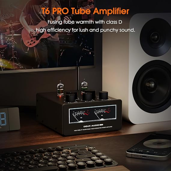 Douk Audio Bluetooth Tube Amp: 300W x2 TPA3255 2 Channel Stereo Power Amplifier Dual VU Meters & Super Bass for Home Theater & Hi-Fi Systems (T6 PRO)