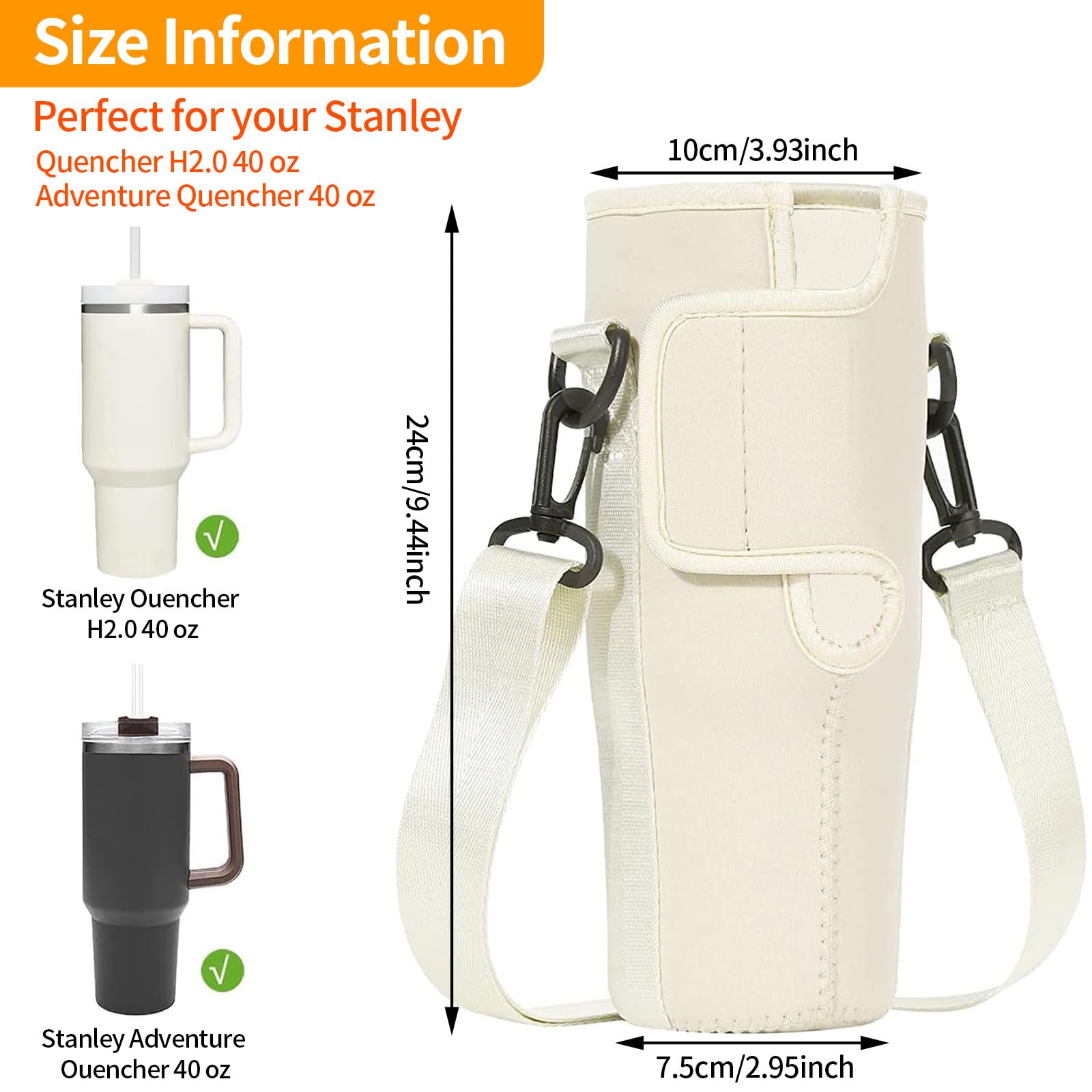 Borsa Trasporto Bottiglia Acqua per Bicchiere Stanley 40 Oz, Portaborraccia con Tracolla Regolabile, Moschettone e Coperchio Cannuccia, per Passeggiate Escursionismo Campeggio Viaggi Alpinismo