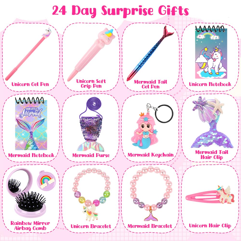 Labeol Advent Calendar 2024 Girls, Christmas Kids Advent Calendar 2024, 24 Days Surprise Xmas Countdown Gifts with Hair Accessories, Jewelry, Stationery,Coin Purse for Kids Girls Toddlers Party Favors