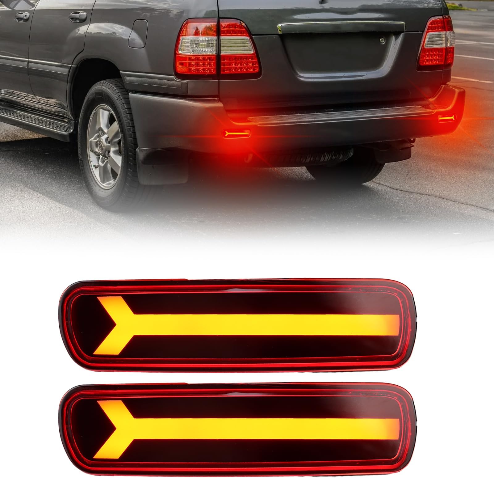 LED Rear Bumper Reflectors Fog Brake Tail Light Lamps Compatible with Toyota Land Cruiser Lexus LX470 1998-2007 Add on Turn Signal Accessories (RED STYLE)