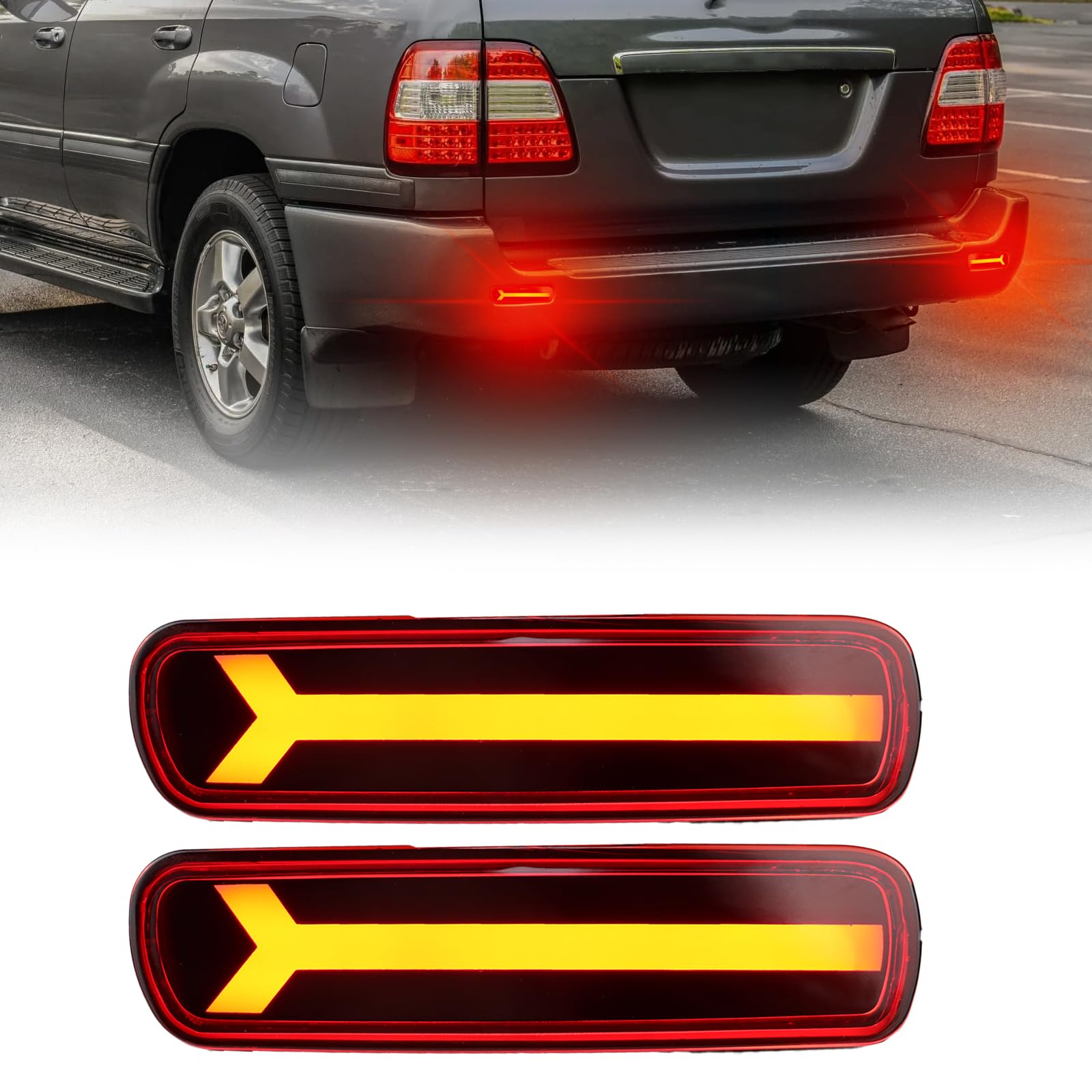 LED Rear Bumper Reflectors Fog Brake Tail Light Lamps Compatible with Toyota Land Cruiser Lexus LX470 1998-2007 Add on Turn Signal Accessories (RED STYLE)