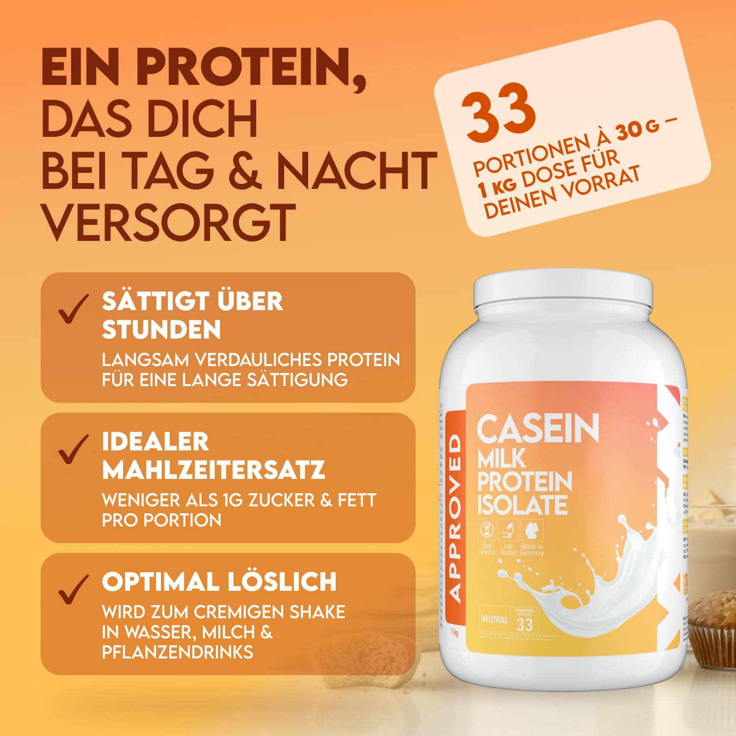 WFN Approved Casein - Casein Proteinpulver - Neutral & Ohne Süßungsmittel - 1 kg - Cremiger Casein Shake - Sehr gut lösliches Kasein Pulver - 33 Portionen - Made in Germany - Extern laborgeprüft
