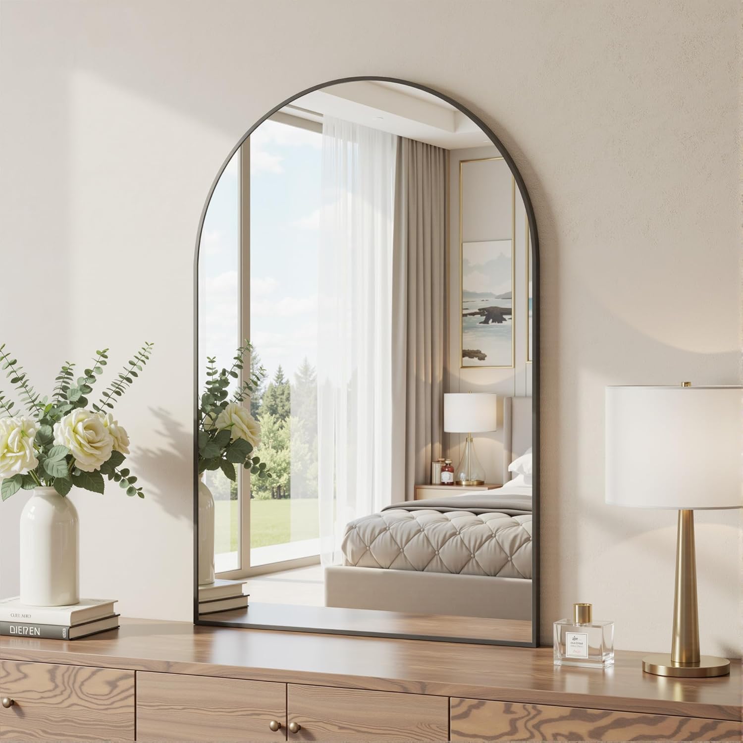 Antok Arched Bathroom Mirror, 24"x36" Wall Mounted Mirror, Vanity Mirrors for Over Sink, Aluminum Alloy Frame Bathroom Mirrors Living Room, Bedroom and Entryway, Black - Image 2