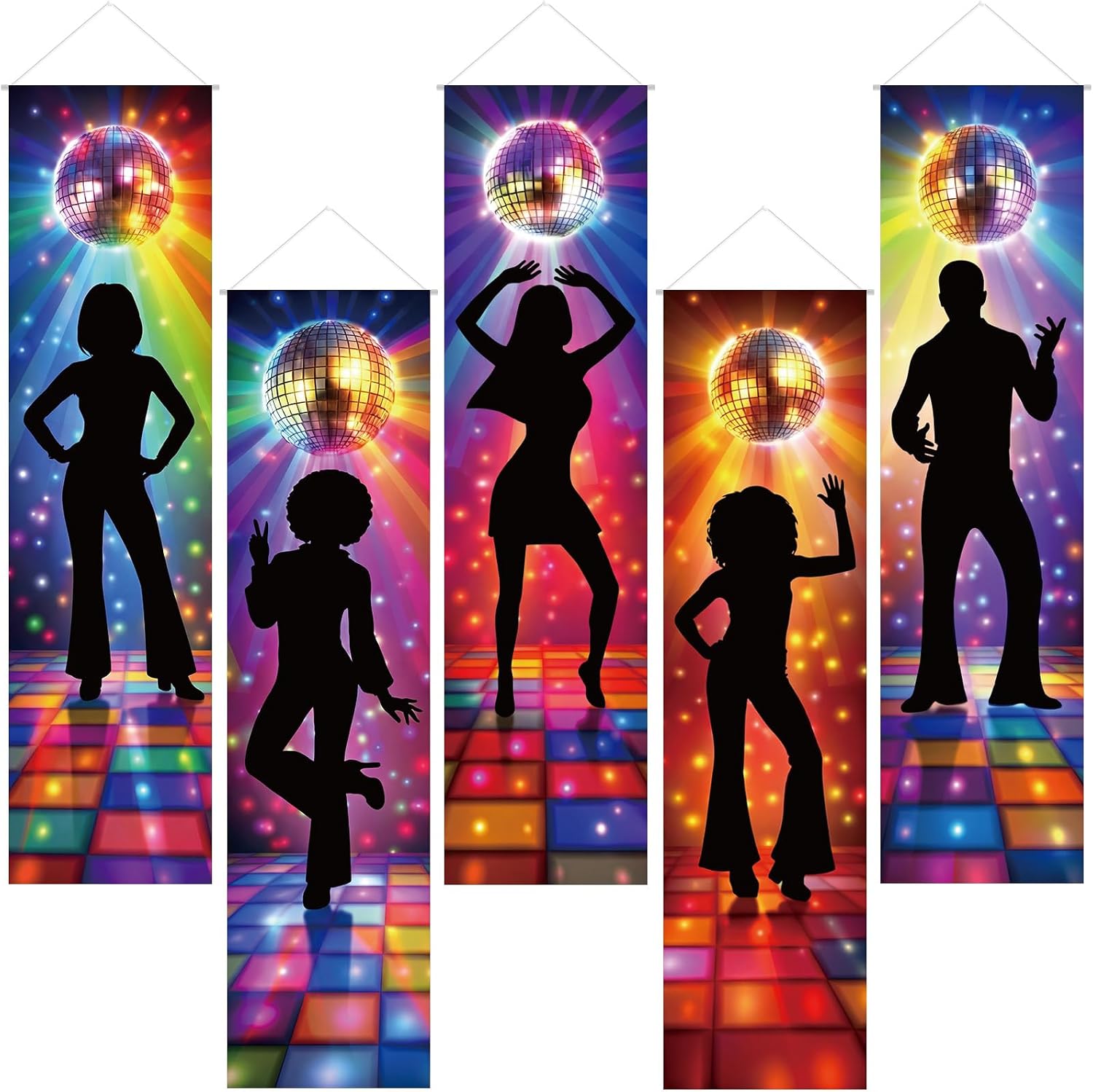 VitalCozy 5 Pcs 70s Disco Party Decorations Neon Hanging Disco Ball Banner for Retro 1970s Birthday Boogie Hippie Music Party Colorful Wall Signs Decorations Kit Speakeasy Front Door Decor