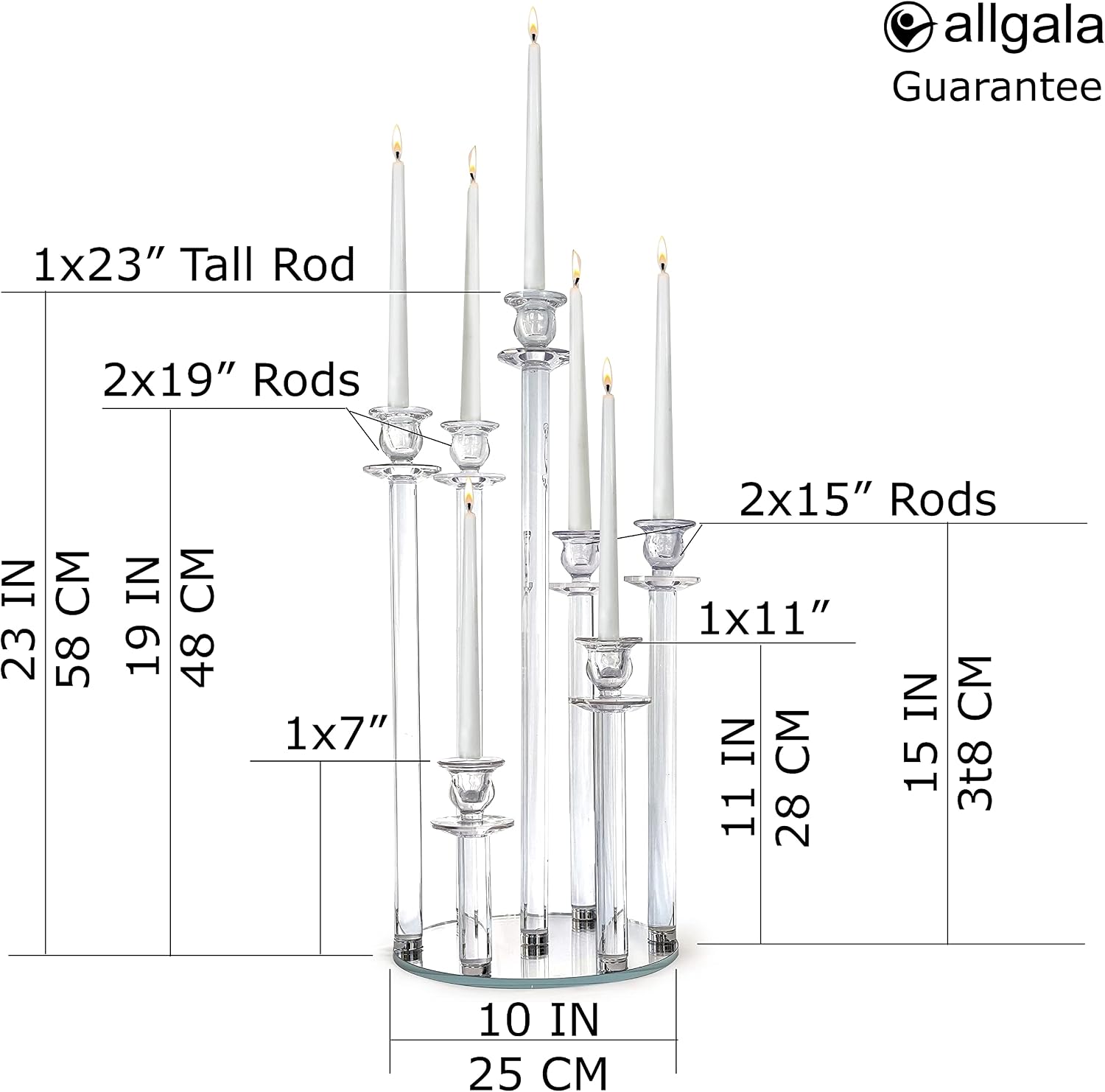 Allgala 23Inch (58CM) Glass Candleabra Tall 7-Cup Crystal Solid Glass Cylinder Tube Rod Candle Holder for Taper-Candle Candlesticks for Home Party Event Wedding Bridal Shower