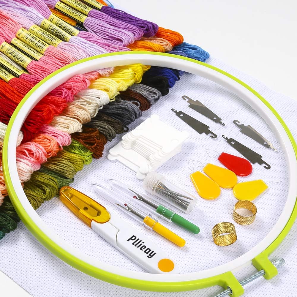 Pllieay Embroidery Starter Kit with Instructions, 100 Colors Embroidery Thread, 5 Pieces Plastic Embroidery Hoops, 2 Pieces Classic Reserve Aida and Cross Stitch Tool Kit for Sewing