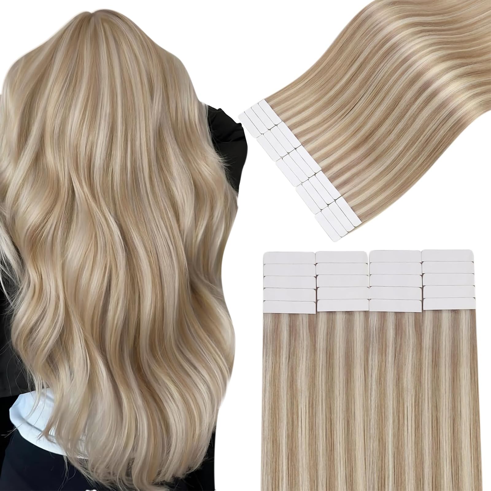 Easyouth Tape in Hair Extensions Straight Hair Extensions Real Human Hair Tape in Blonde Bleach Blonde Highlight Ash Blonde Tapes Hair Extension Real