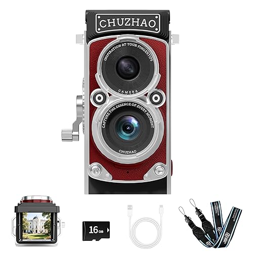 CHUZHAO Vintage Mini Digital Camera, Portable TLR Style Retro Point and Shoot Compact Small Pocket 1080P FHD Video 12MP Autofocus Vlogging Camera with 16 GB Card for Beginners Teens Adults Red - Red - 16GB