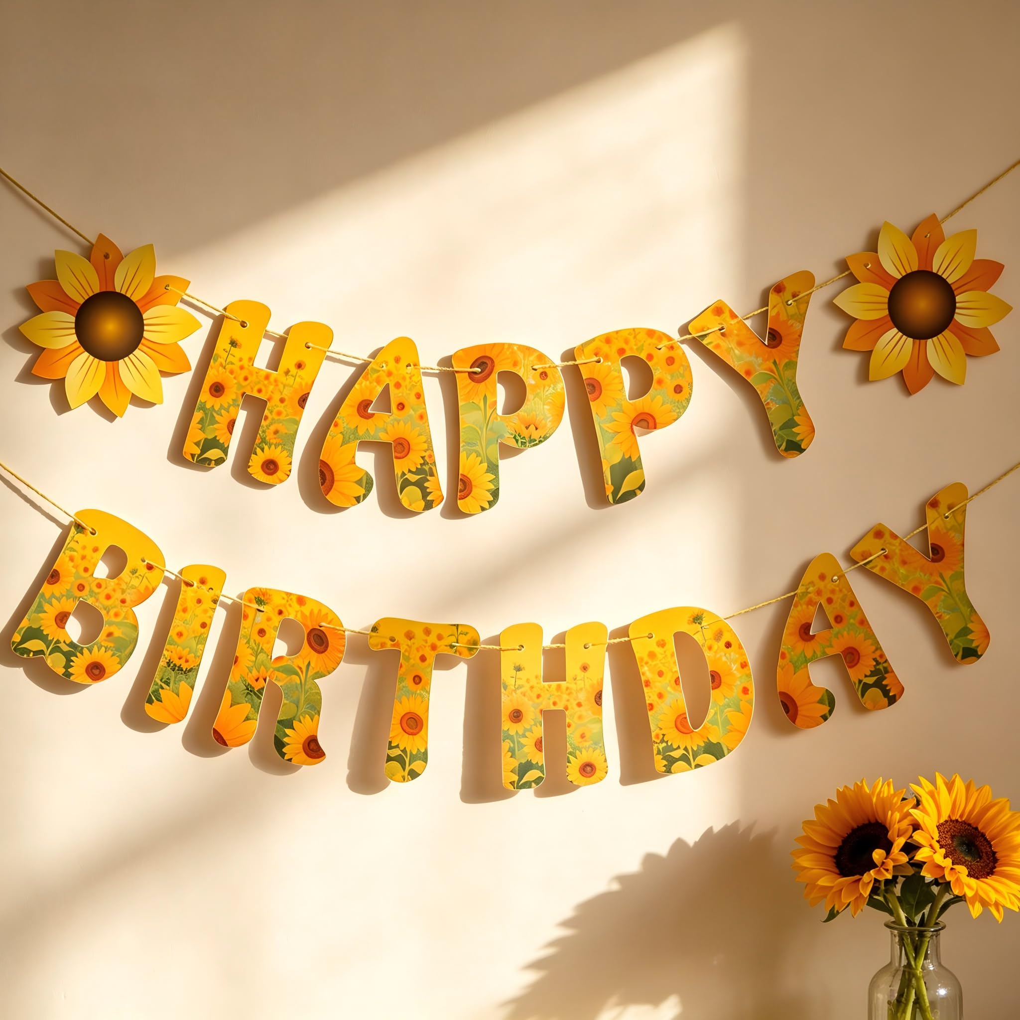 Happy Birthday Banner Sunflower Floral - Reusable Paper Banner for Party Decorations, Birthday Back drop with Orange Flowers and HAPPY BIRTHDAY Sign