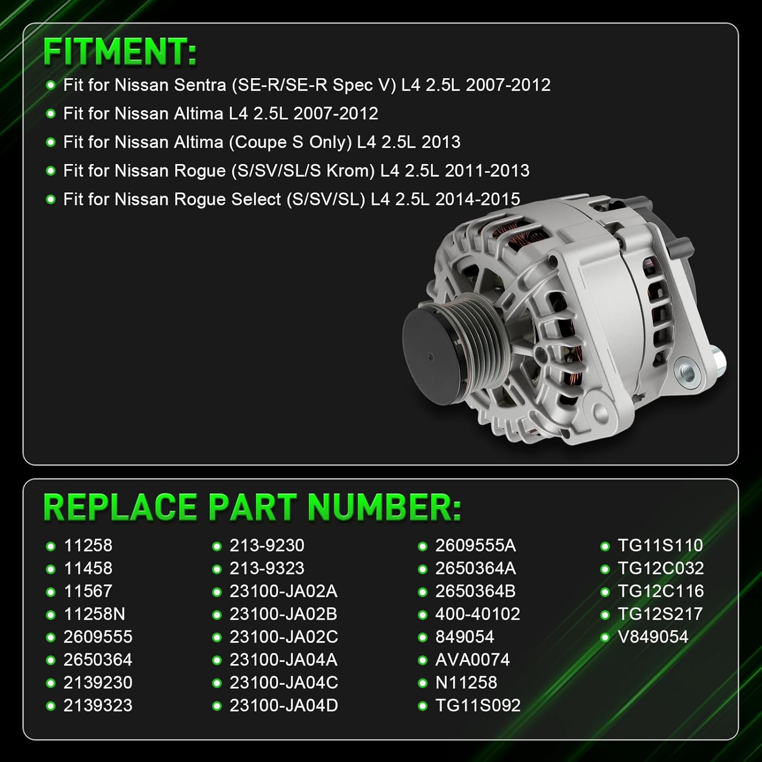11258N Alternator 2.5L L4 Fit for Nissan Sentra 2007-2012,Altima 2007-2012,Altima Coupe S 2013,Rogue 2011-2013,Rogue Select 2014-2015.110Amp # 23100-JA02A