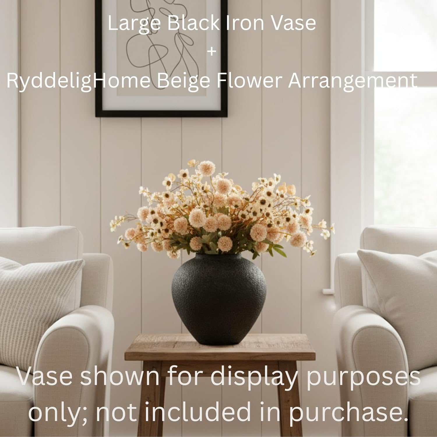 Beige Silk Flower Arrangements Home Decor, Large Floral Centerpieces For Tables, 22 Long Stems Fake Mums + Eucalyptus + Wild Flowers in Bulk, Artificial Flowers Coffee Dining Table, Faux Mums Flowers - Image 4