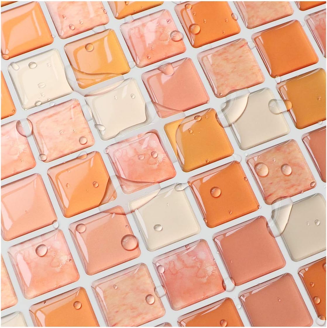 Yoillione 3D Mosaic Tile Sticker Removable Wallpaper Tile Orange, 3D Self Adhesive Wall Tiles Bathroom Wall Tiles for Kitchen Backsplash Orange, PVC Square Decorative Vinyl Decals, 4 Sheets