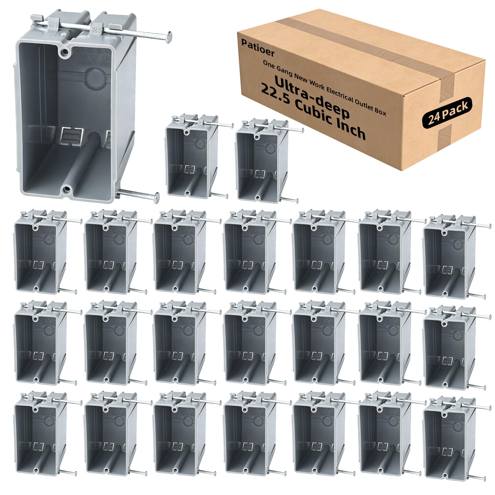 Caja de conexiones de PVC para interruptor de atenuación GFCI, ultra profunda, de 22.5 pulgadas cúbicas, 1 banda, para interruptor de atenuación GFCI, luz de paso, color gris (paquete de 24)