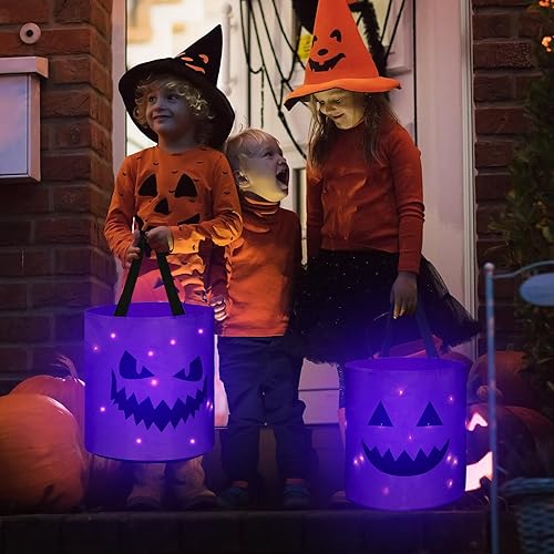 Miniatura 3 de Sadnyy 3 bolsas de Halloween con luz LED, cubo de calabaza, bolsas de Halloween iluminadas con cara de calabaza sonriente, bolsas de dulces