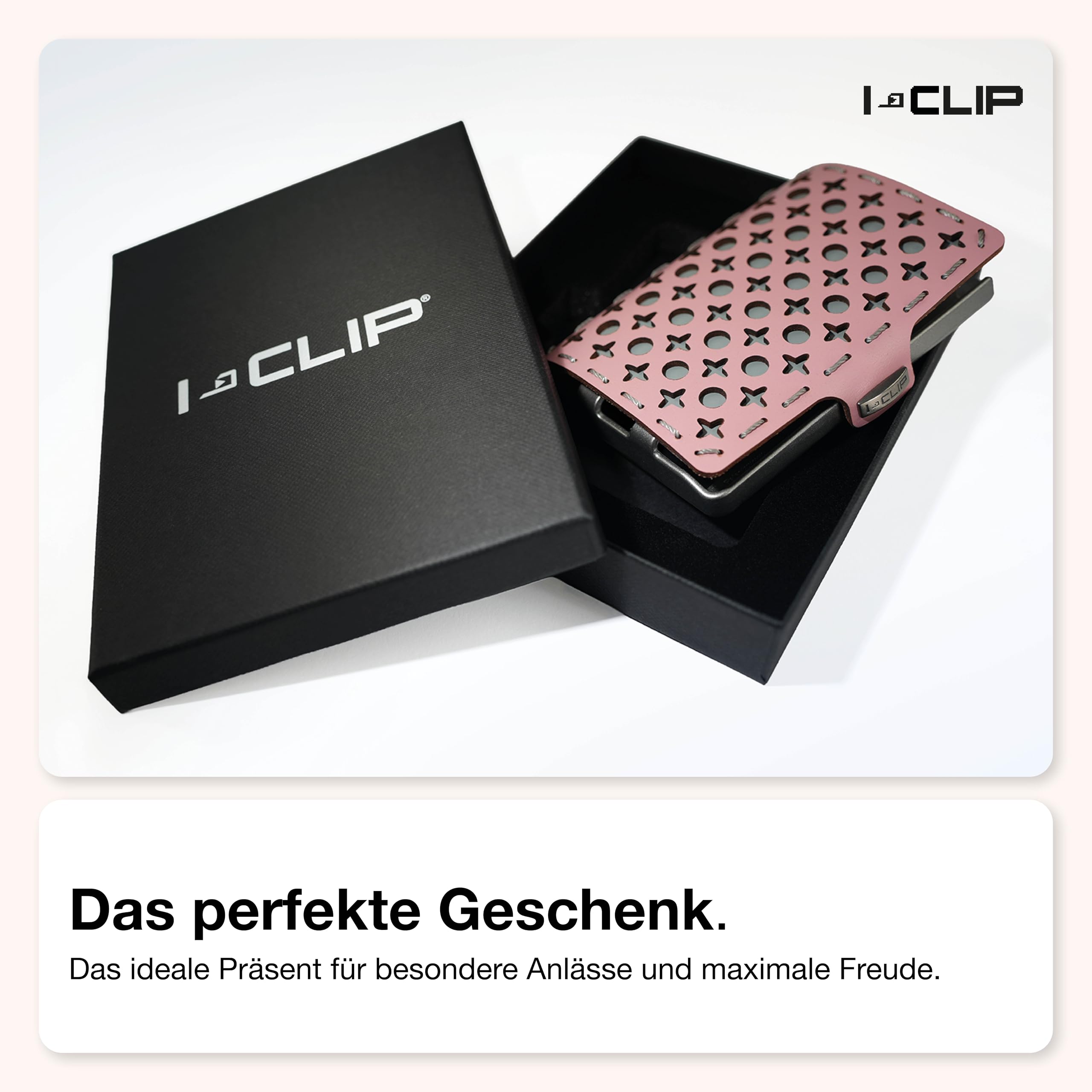 I-CLIP Original Geldbörse mit Münzfach - Damen - Leder Portemonnaie - mit Geldklammer - hochwertiger Geldbeutel - Slim Wallet - Silberner Rahmen - Rosa Leder - Bernardette