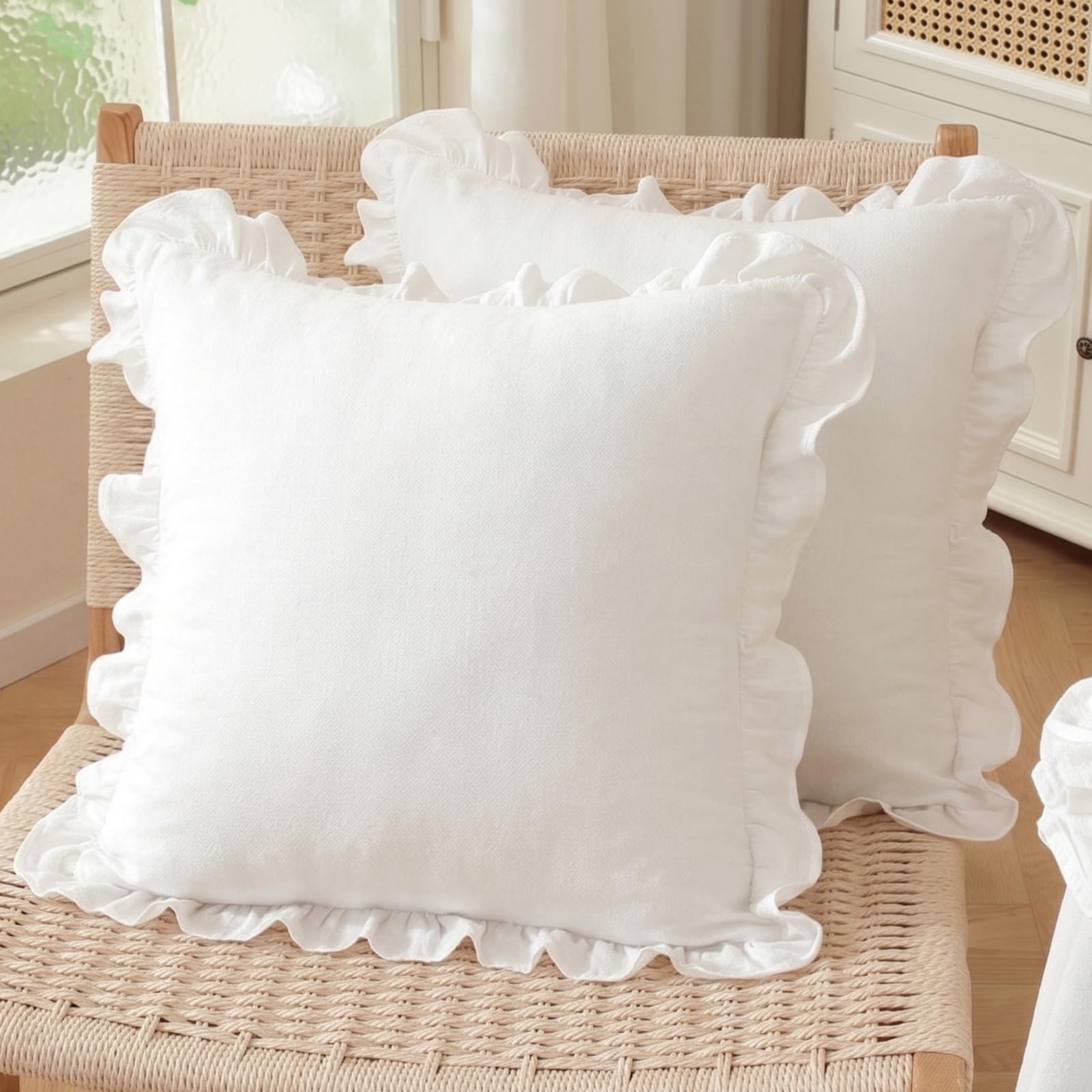 HOSTECCO Pack of 2 White Ruffle Cushion Covers 45x45 cm, Solid White Decorative Pillow Cases with Frill Edge, French Country Style Home Decor for Bedroom — image 1