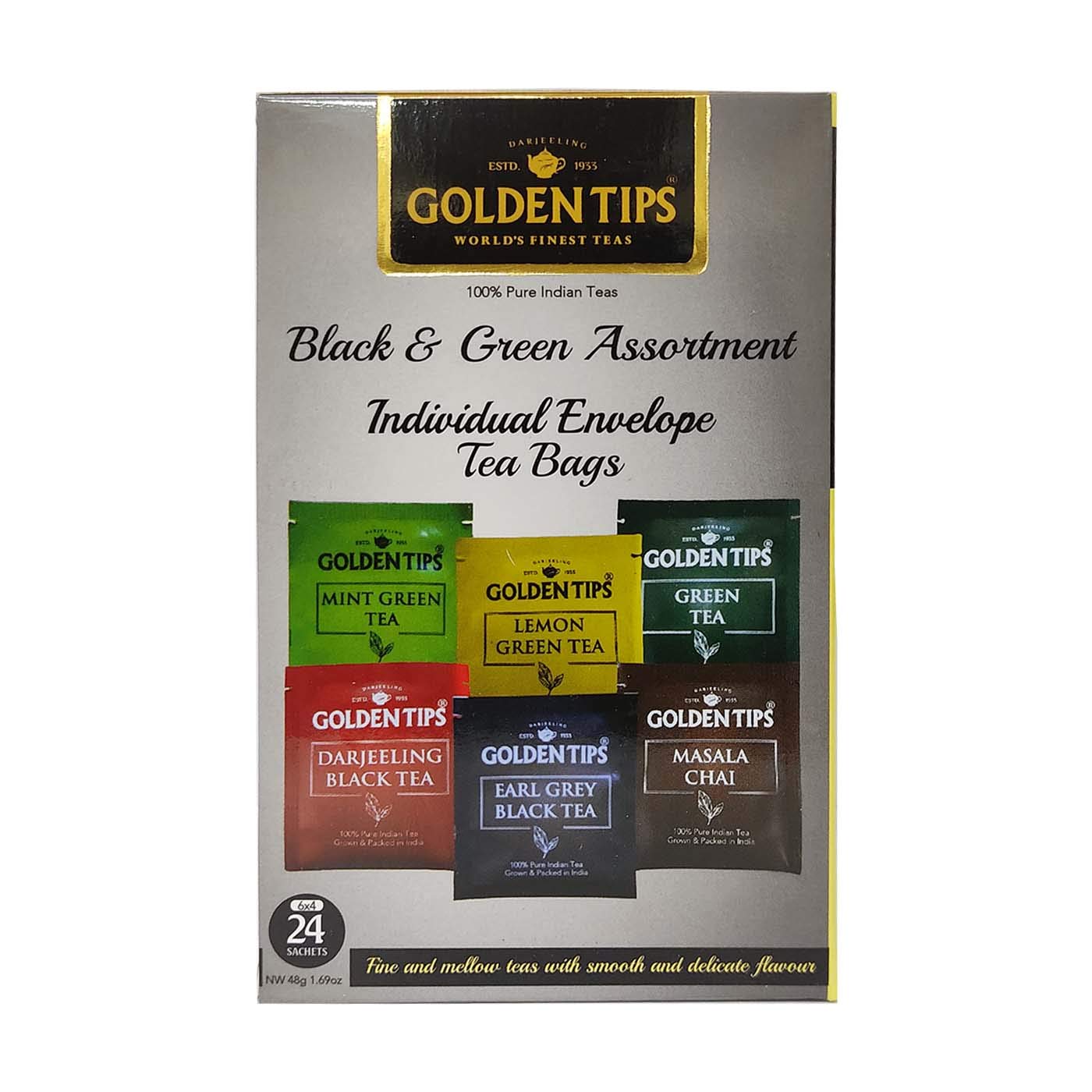 Healthy/Natural and Organic Black and Green Assortment Individual Envelope Tea Bags (48 Gram, 24 Tea Bag)