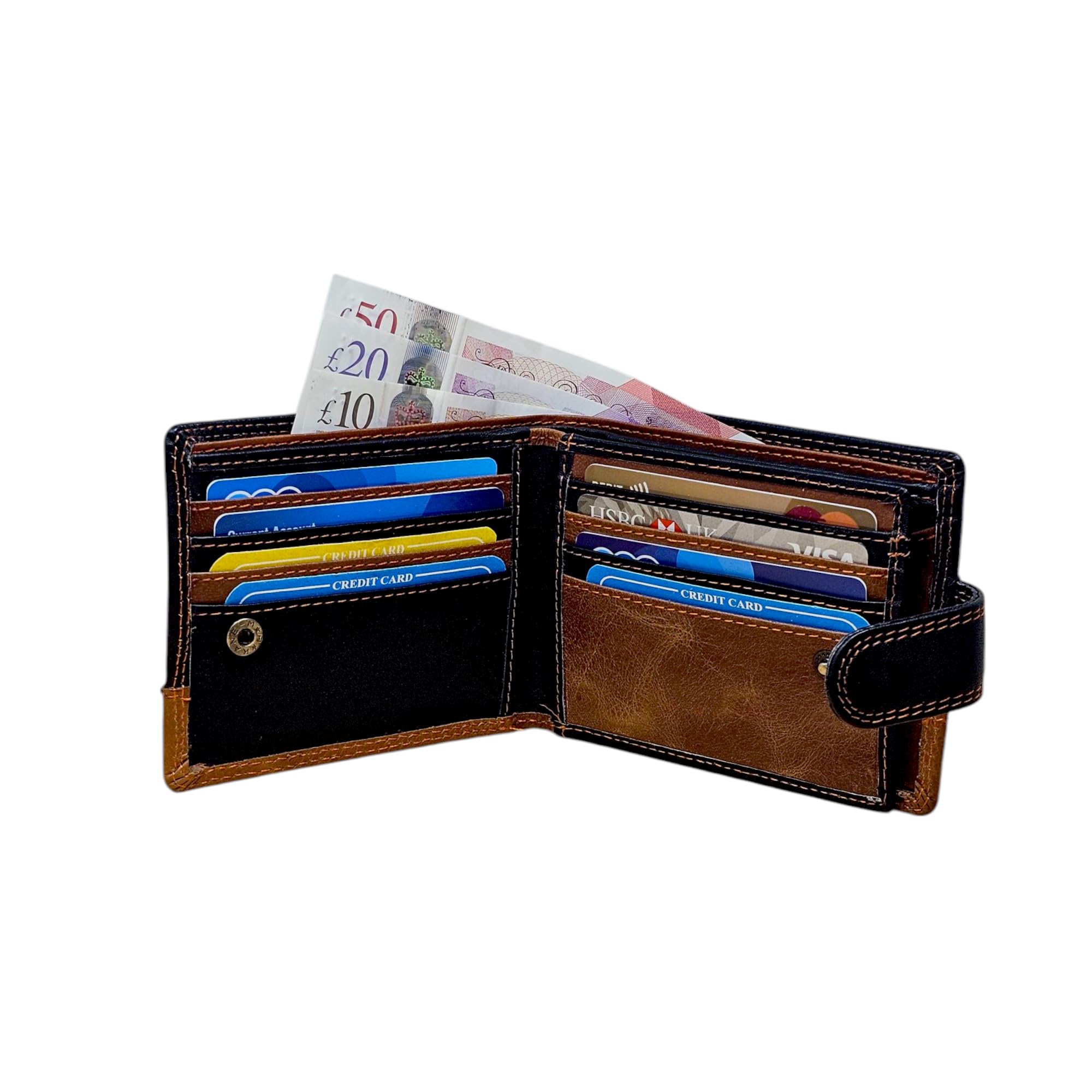 MORUCHA Personalised Wallet Men | Custom Engraved Wallets for Men UK | Genuine Soft Leather Wallet | Built in RFID Blocking | Engraved Gift for Him (Horizontal, Black/Tan)