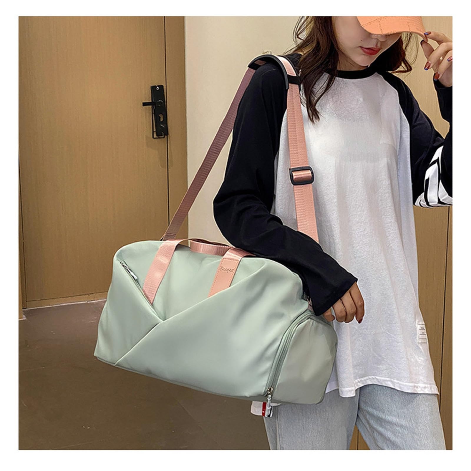 Sac de sport, sac de sport pour femme, compartiment à chaussures séparé, sac de yoga, sac de plage séparé pour séparation humide et sèche, Vert et rose, Large, Loisirs