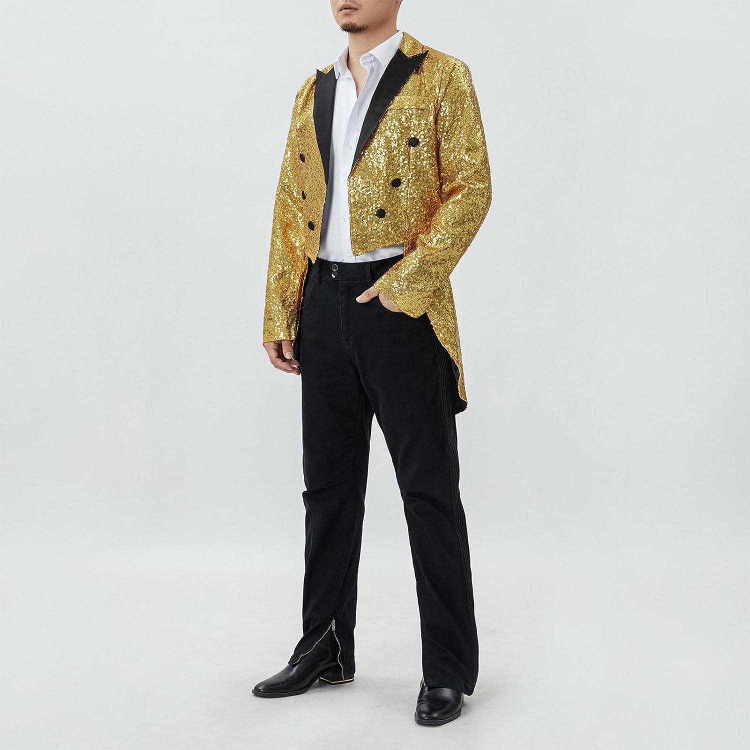 Mens Sequin Tuxedo Jacket Tails Long Sleeve Tailcoat Blazer Coat Swallowtail Prom Blazer Suit Jacket Banquet