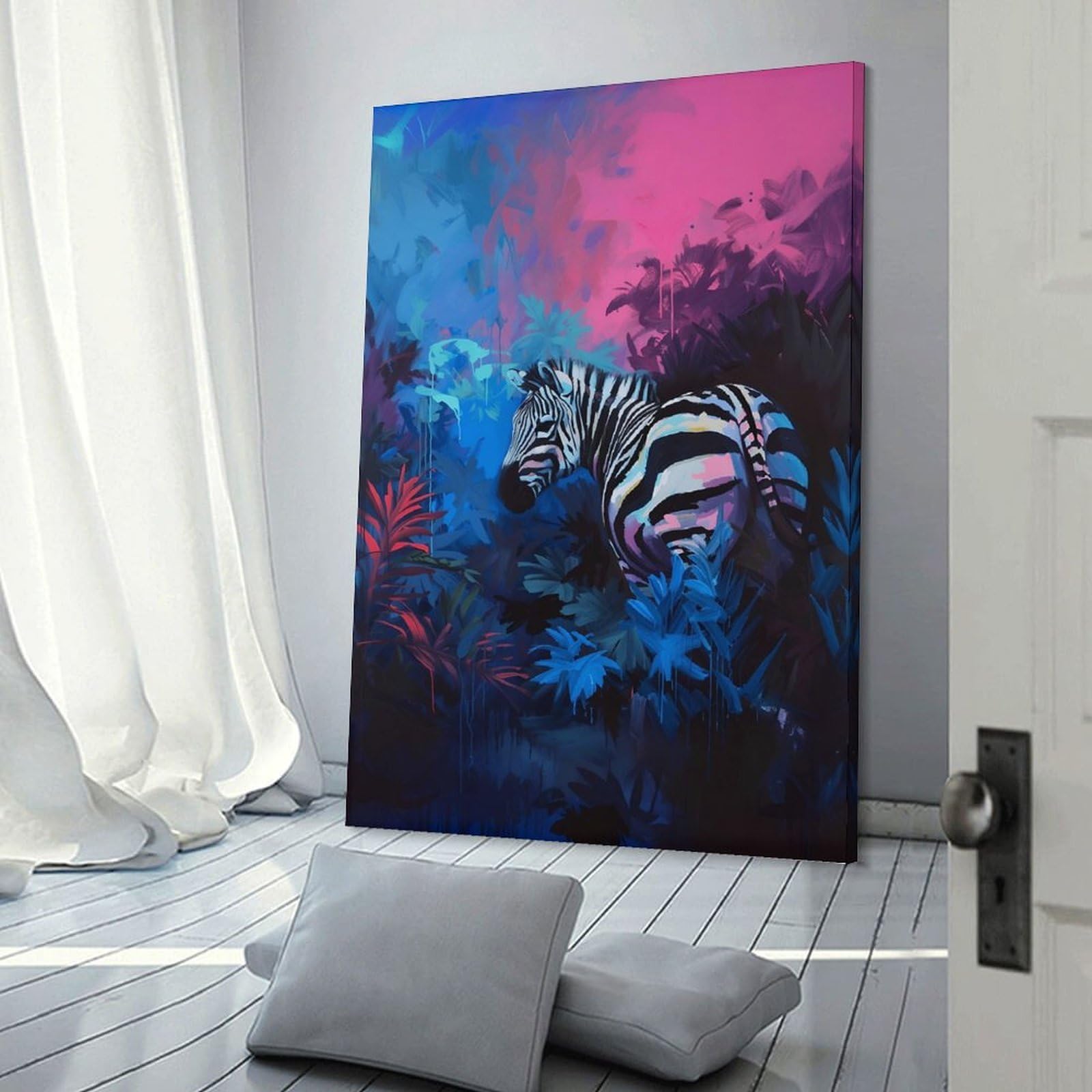 Junmoney Vibrant Zebra in Colorful Jungle Painting Decorative Canvas Print, 08x12inch(20x30cm), for Gallery Wall Decor And Room Displays, Wall Decor Suited to Curated Displays