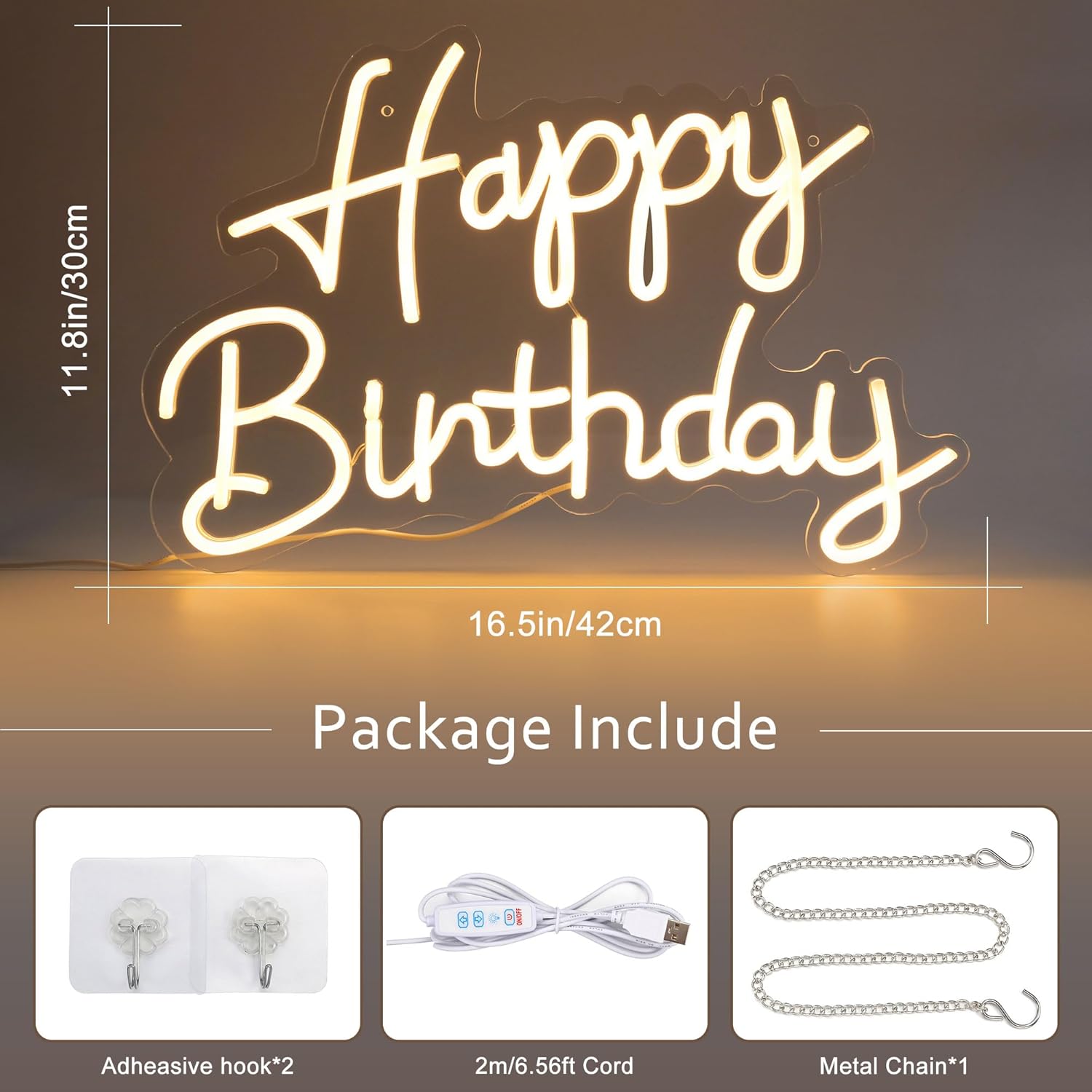 Happy Birthday Neon Sign LED Light for Wall Decor Happy Birthday Party Light Up Sign Backdrop with Dimmable Switch for Party Room Decoration USB Powered Hanging LED Night Lights Bar Rave (Warm White)