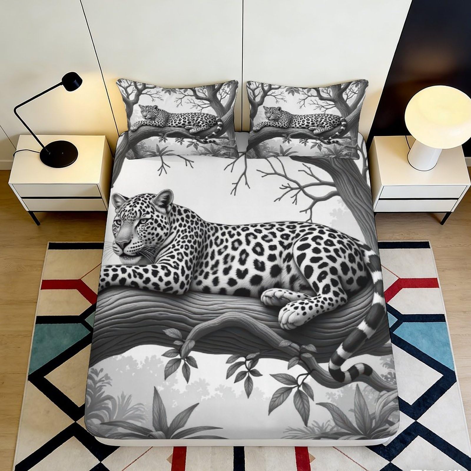 3D Printed Leopard Tree Fitted Sheet Microfiber Soft Anti-slip Jungle Animal Bed Cover for Bedroom Dorm Decor 140x200x25cm
