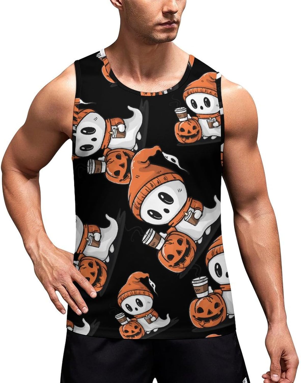 Halloween Ghost Drinking Coffee Men's Tank Top Sleeveless Muscle Shirts Vest Beach T Shirts for Workout Gym