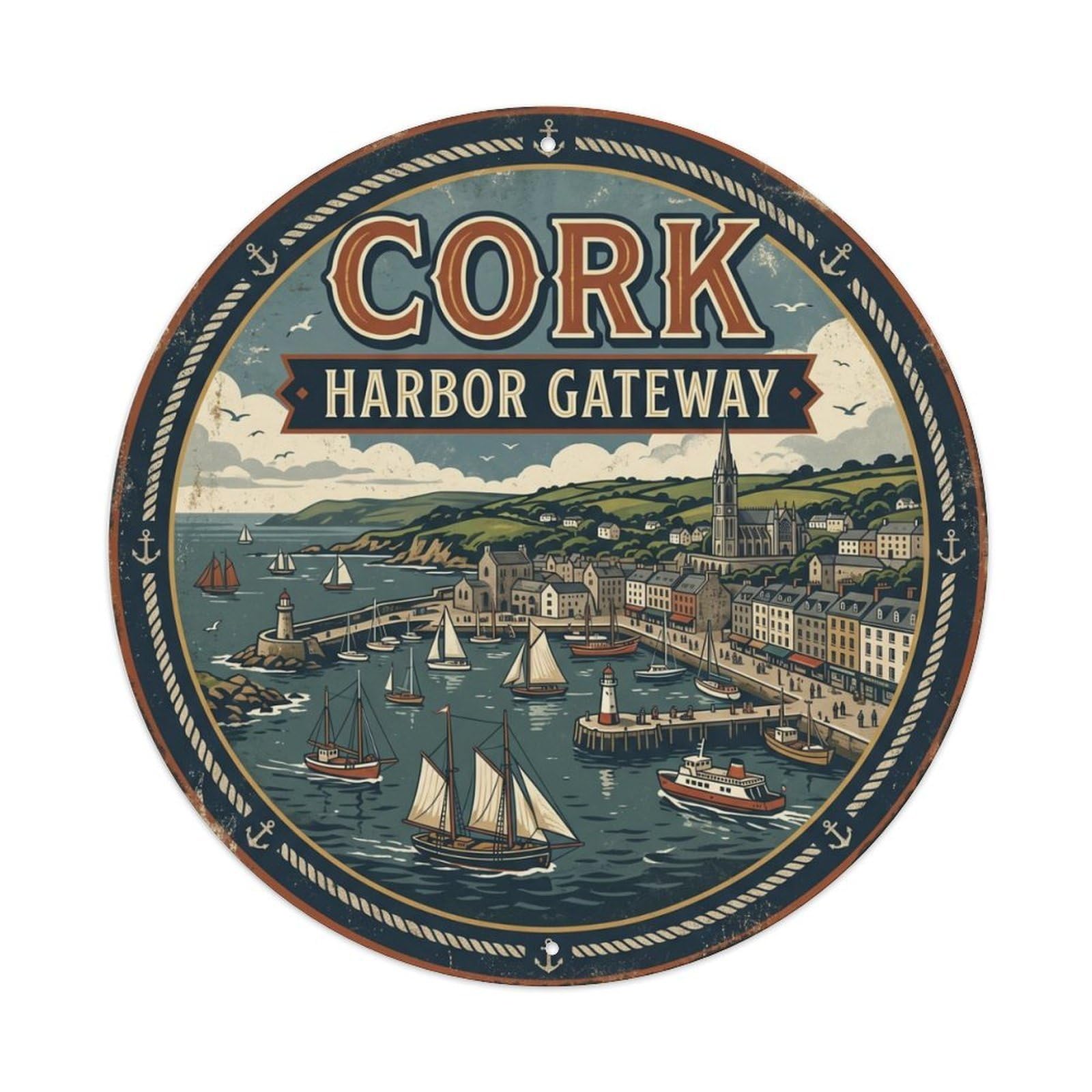 Vintage Travel Cork Harbour View Metal Tin Sign Plaque Wall Decor for Cafe, Club Bar, Office, Home Garden Round Metal Poster 8x8Inch