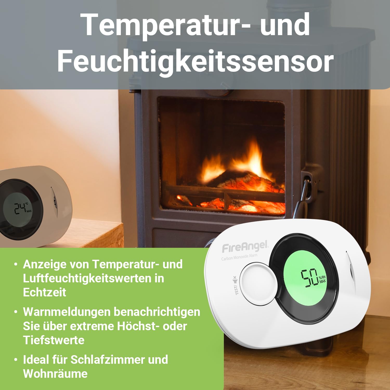 Fire Angel Digitaler Kohlenmonoxidmelder mit Integrierter 10 Jahres Batterie - FA3322 Luftfeuchtigkeits-, Temperatur- und CO-Melder - Tragbar, für Zuhause und Unterwegs - CO Warner