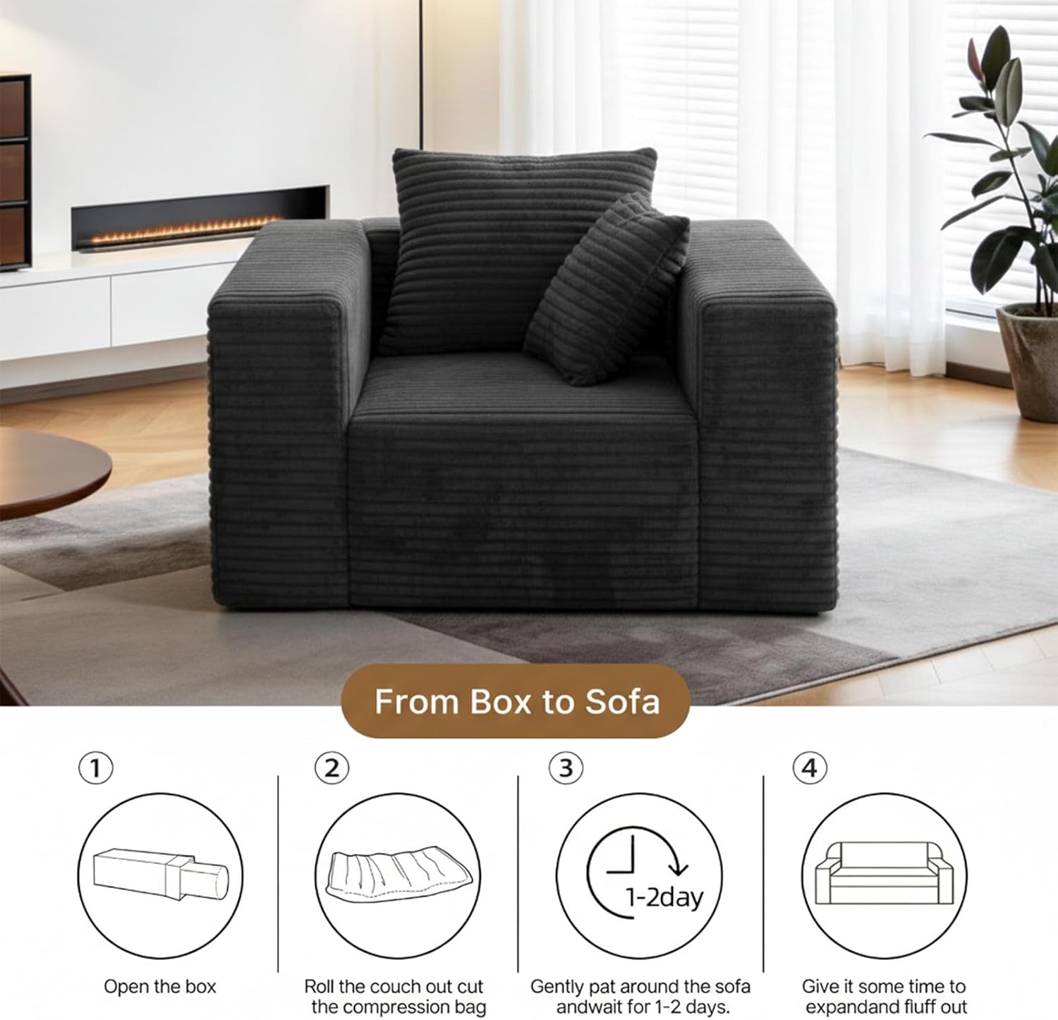 Single Cloud Sofa, High Backrest Wider Armrest Memory Foam Boneless Couch, Comfy Faux Fur Pillowed Single Seater No Assembly for Small Spaces Bedroom Dorm Office（Dark Gray）