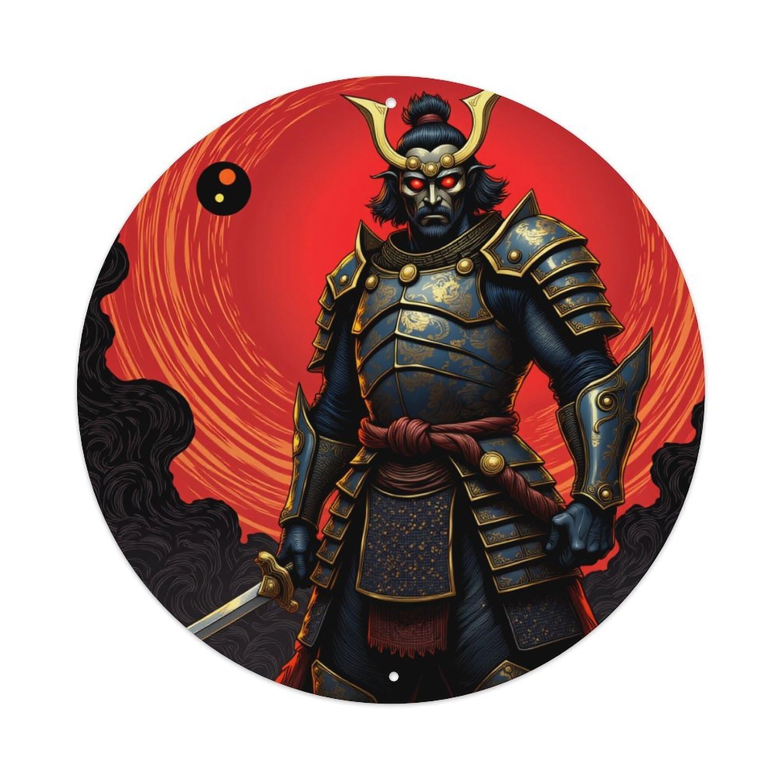 Samurai Warrior Armor Red Sun Round Tin Sign Retro Metal Sign for Cafe Bar Pub Home Game Room Gym Club Wall Decoration Vintage Metal Poster 8x8 Inch