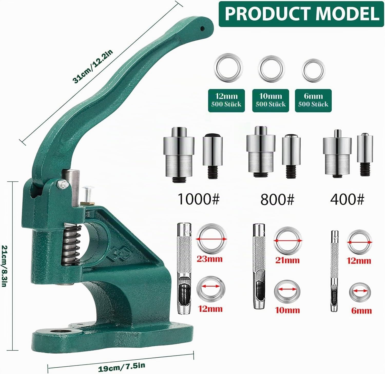 DEWIN Ösenzange Set, 1 Stück Handpresse Ösenmaschine mit 1500 Stück Ösen und 3 Löchern Werkzeugen 6/10/12mm