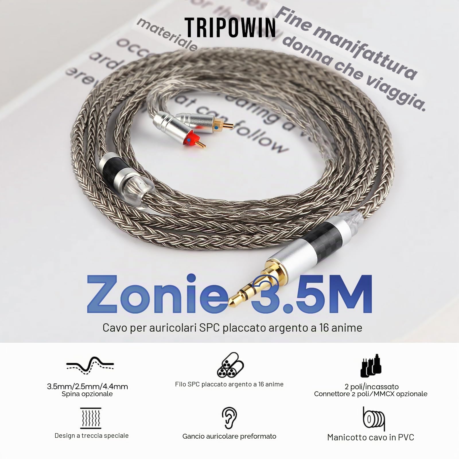 Linsoul Tripowin Zonie IEM Cavo, 16 Core Placcato Argento Cordoni Aggiornati, 1.25m SPC in Ear Monitor Cavi per 7hz Zero:2 Orchestra Lite Cadenza Hype4 Supermix4(2pin 0.78mm, 2.5mm)(Grigio)