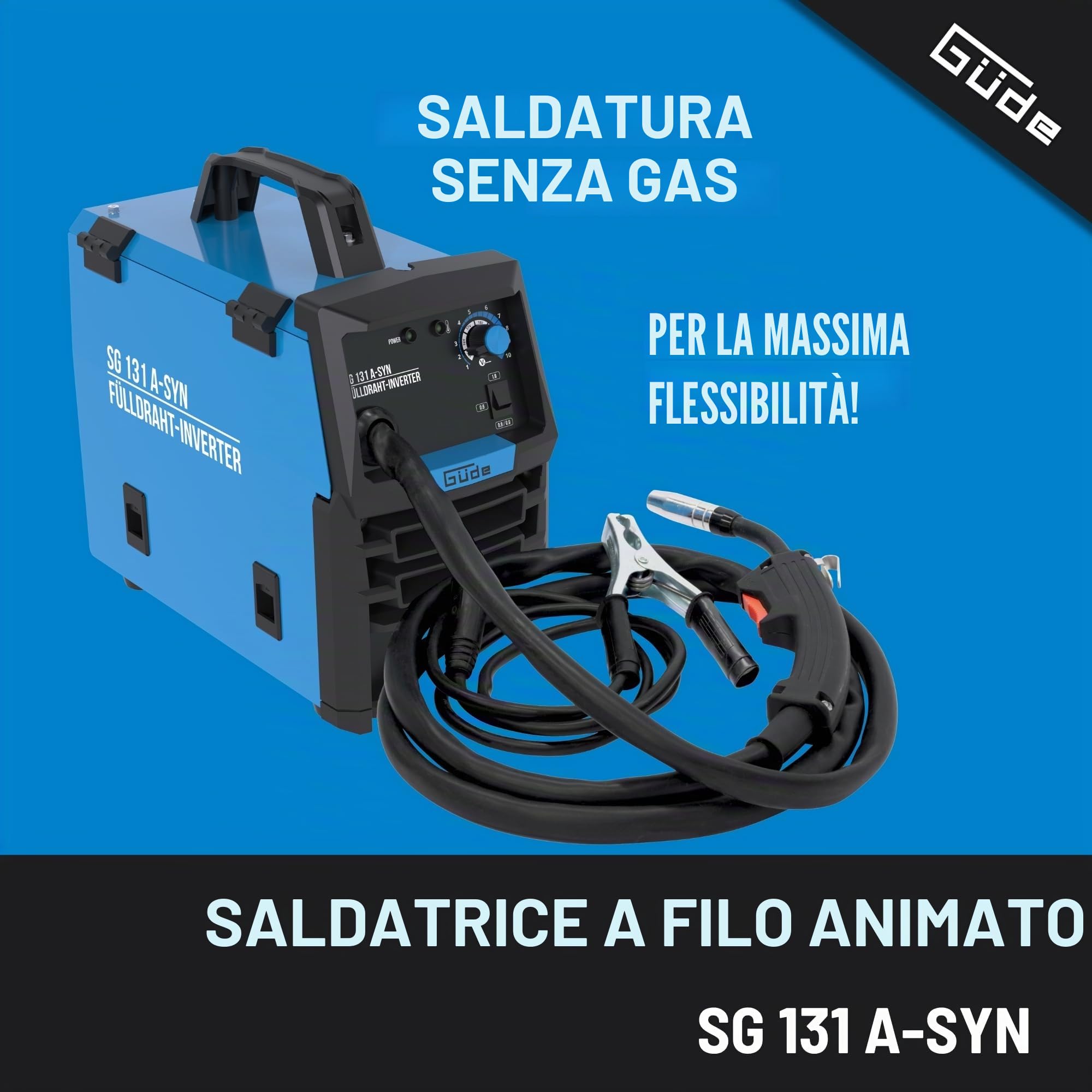 Güde Saldatrice a filo di riempimento SG 131 A-SYN (230 V, tecnologia inverter, per filo da 9 mm, corrente massima 120 A, incl. scudo saldatore, pacchetto tubi, filo di riempimento, martello spazzola